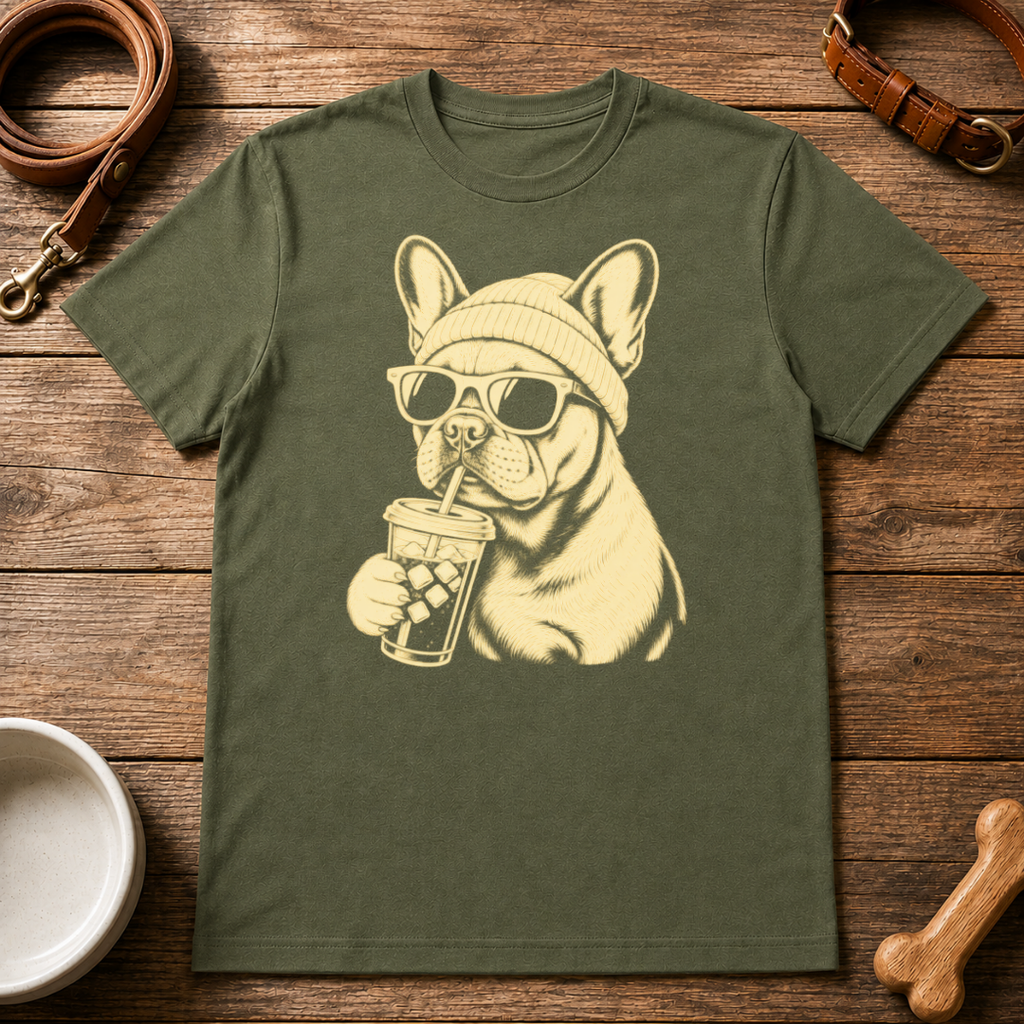French Bulldog Drinking Iced CoffeeT-Shirt