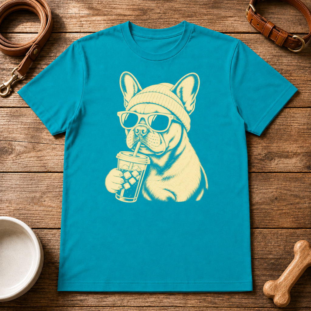 French Bulldog Drinking Iced CoffeeT-Shirt